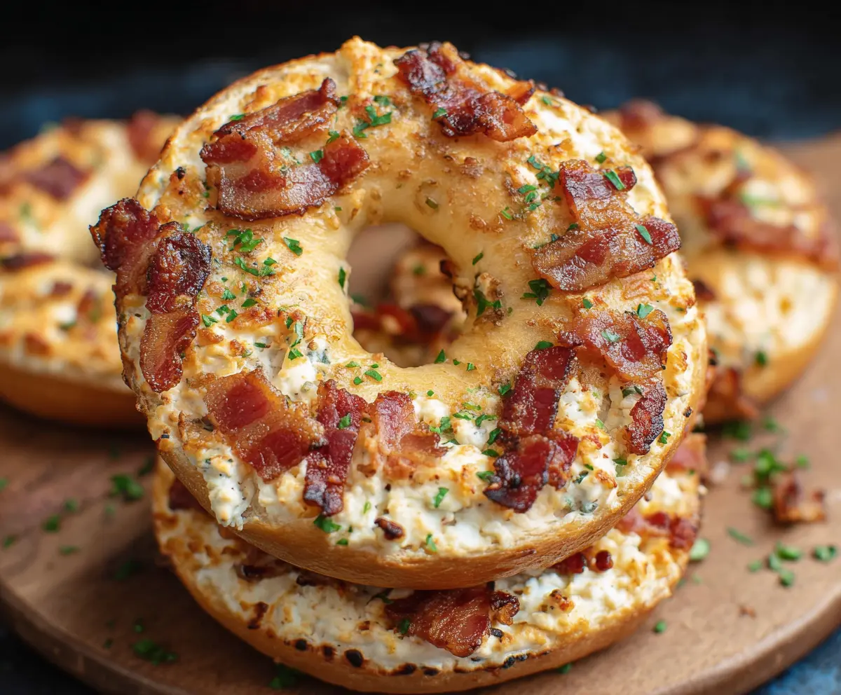 Delicious bacon and cream cheese bagels on a plate, perfect for breakfast or brunch.