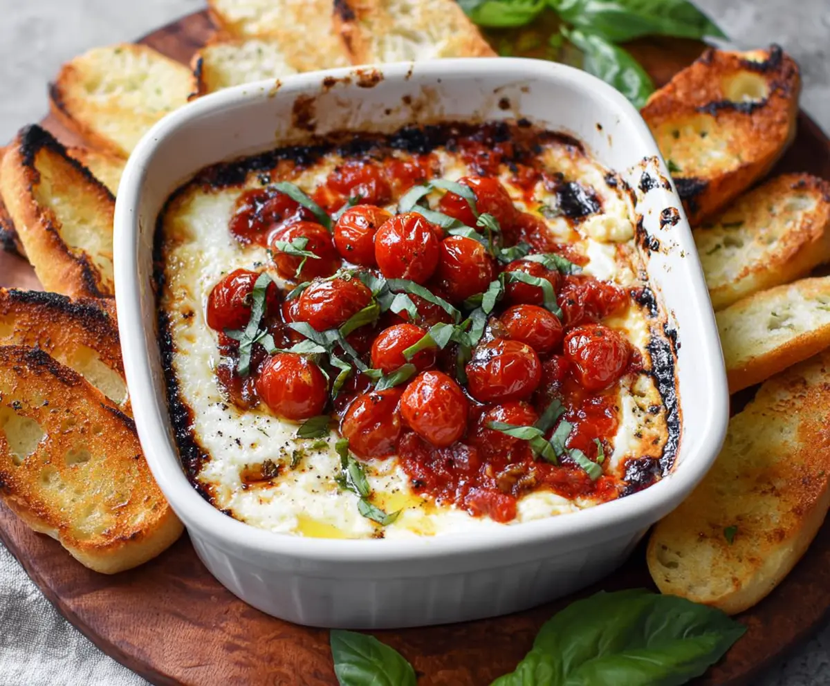 Delicious baked goat cheese bruschetta dip served with fresh herbs and crispy baguette slices.