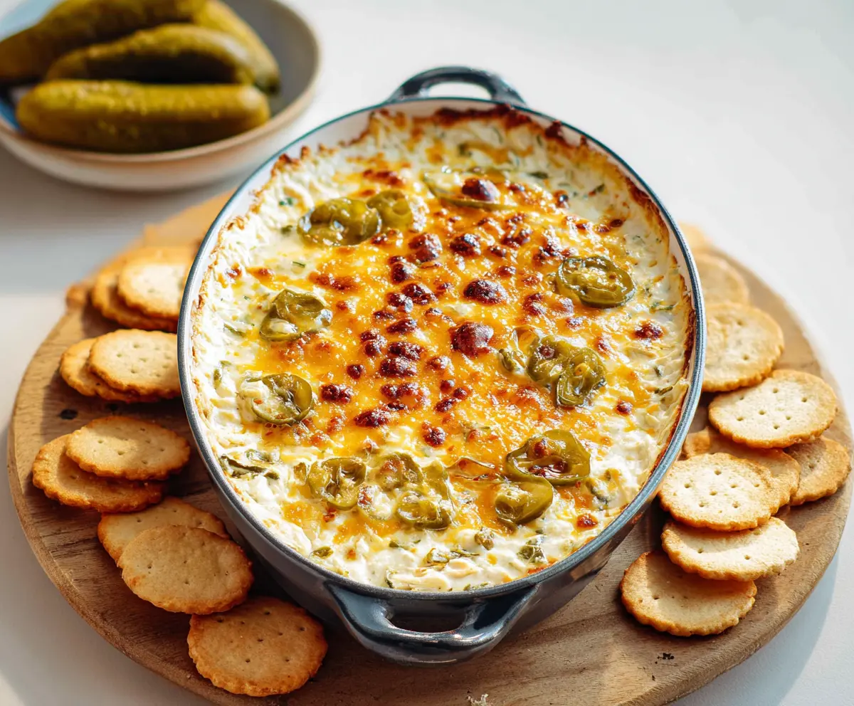 Delicious baked pickle dip served in a bowl, showcasing its creamy texture and garnished with fresh herbs.