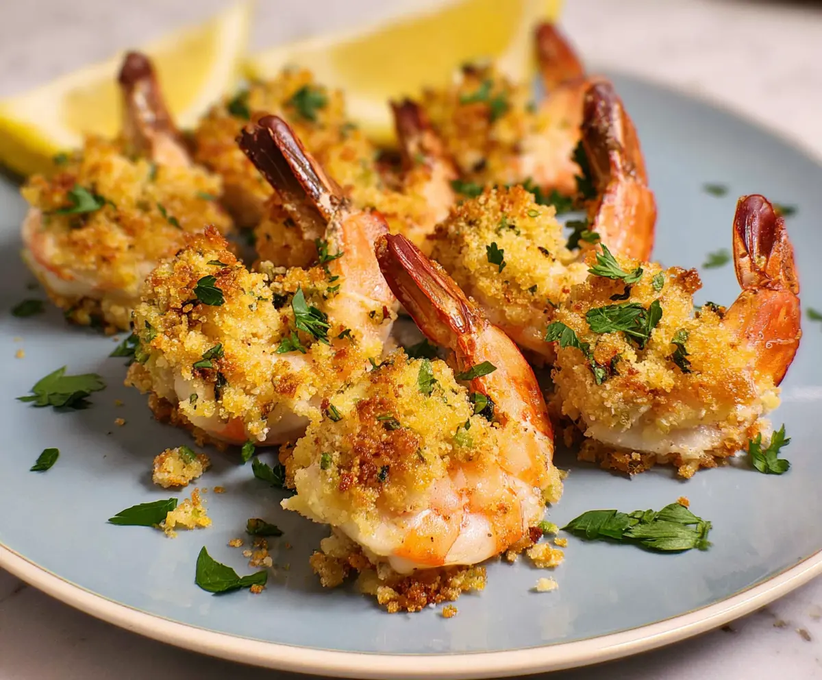 Delicious baked stuffed shrimp served on a plate with lemon wedges and herbs