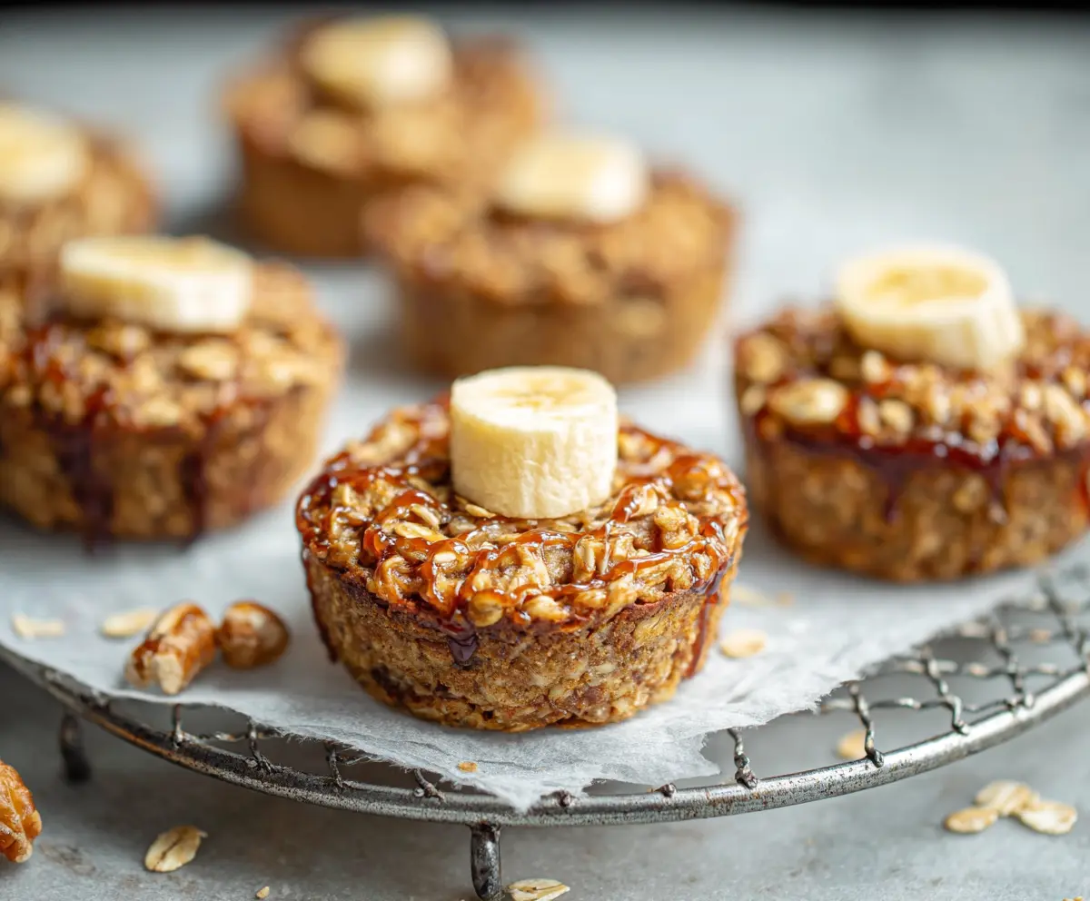 Healthy banana oatmeal cups with sliced bananas and oats in a baking tray.