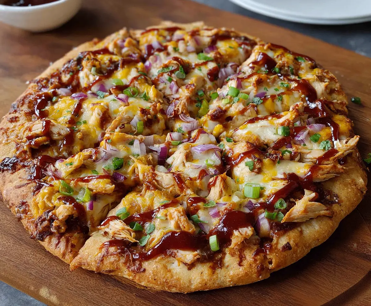 Delicious BBQ Chicken Pizza topped with melted cheese, barbecue sauce, and fresh herbs