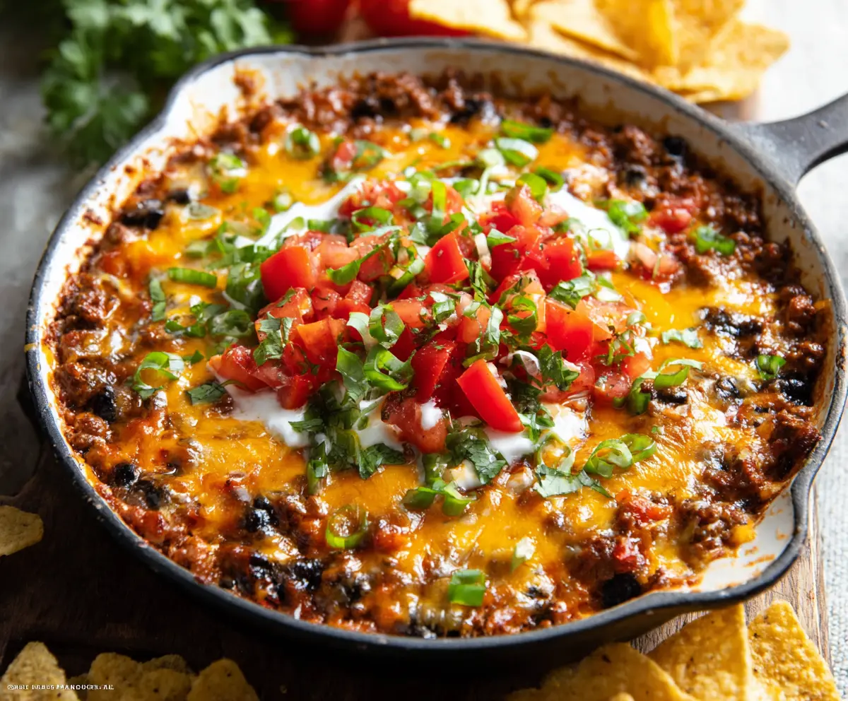 Delicious Beefy Taco Dip topped with cheese, served with tortilla chips for a tasty appetizer.