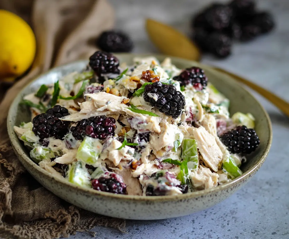 Delicious Blackberry Cottage Cheese Chicken Salad served on a plate with fresh blackberries and herbs.