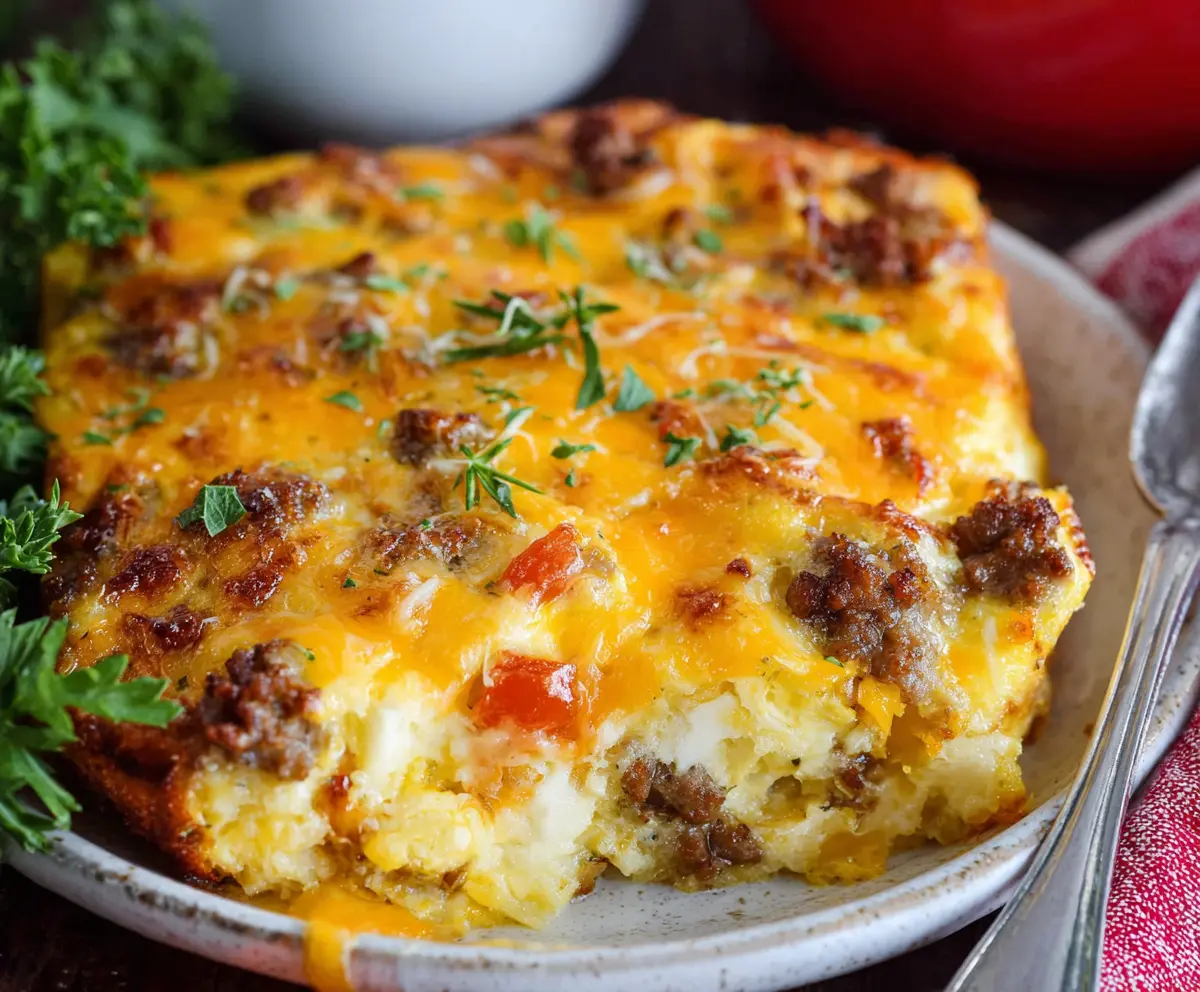 Delicious breakfast sausage casserole with eggs, cheese, and crispy sausage slices for a hearty morning meal.