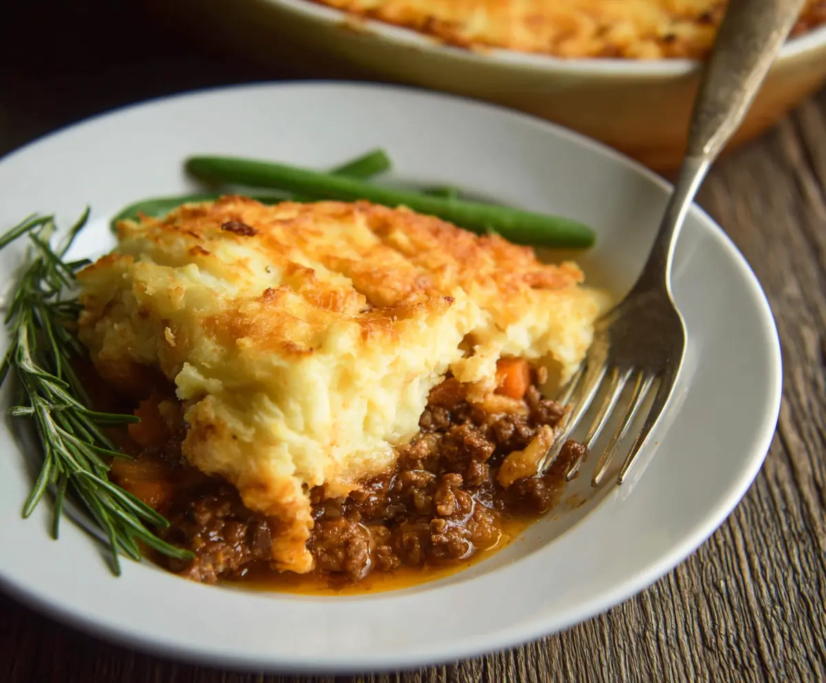 Delicious homemade British Shepherd's Pie with seasoned minced meat topped with mashed potatoes.