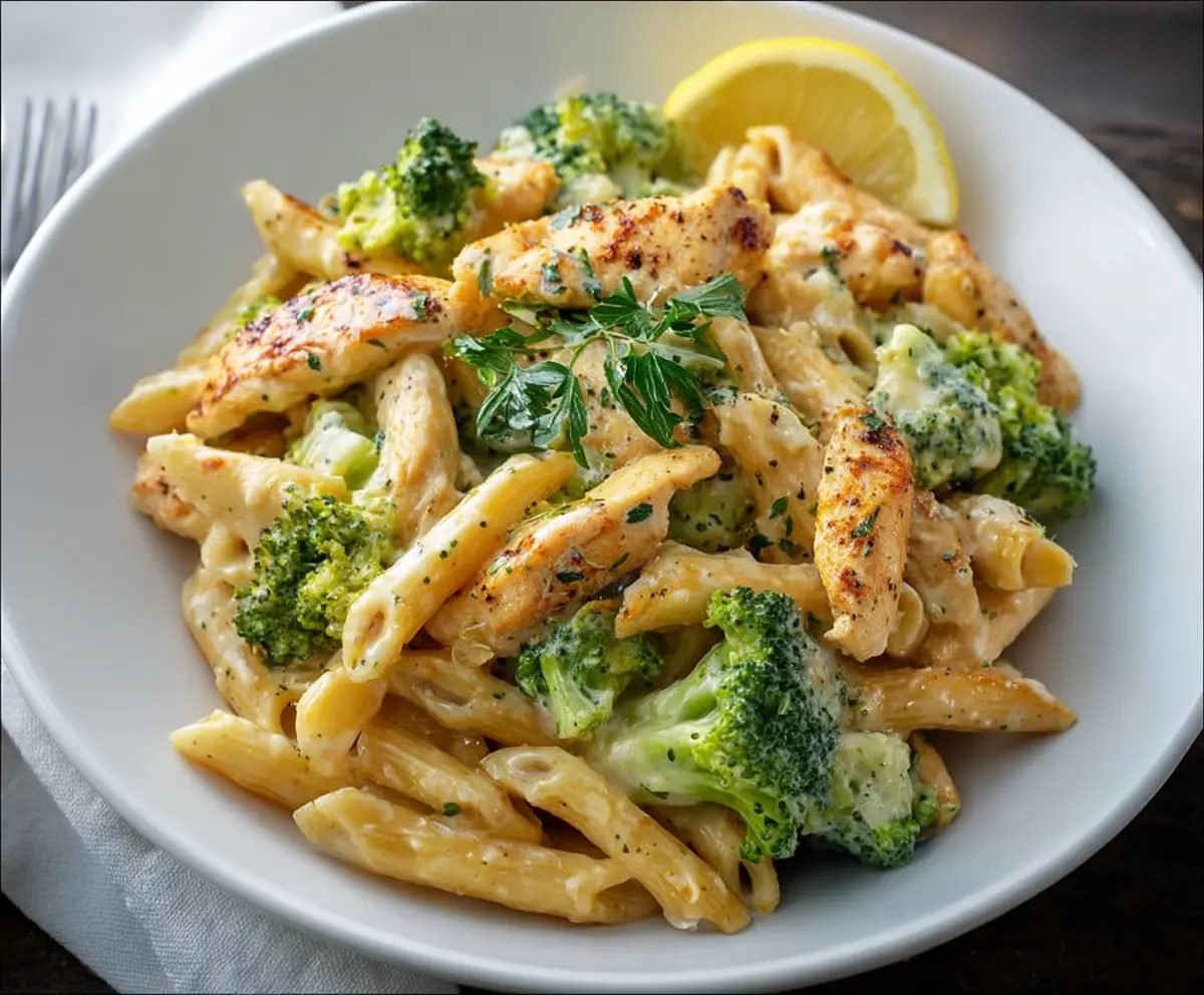Creamy broccoli and chicken penne pasta dish with fresh vegetables and tender chicken pieces.