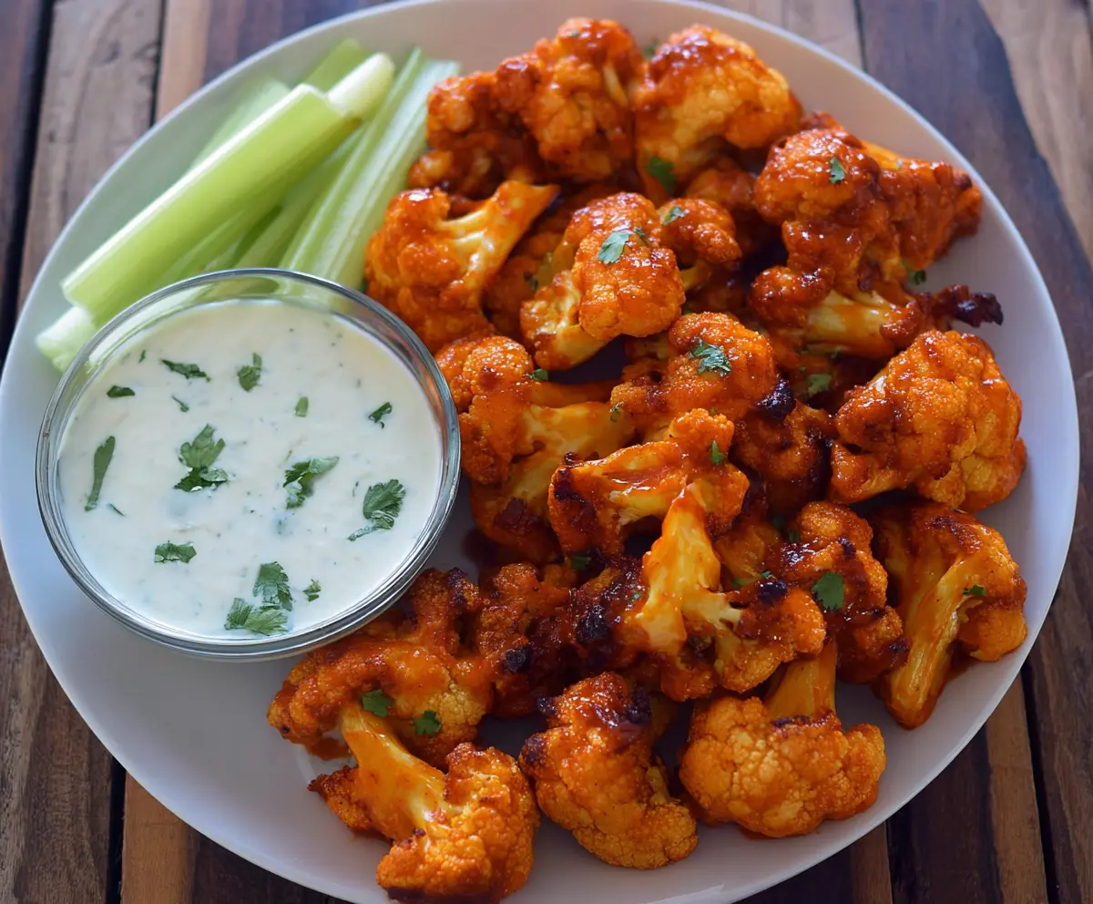 Spicy buffalo cauliflower wings served with celery sticks and ranch dipping sauce.