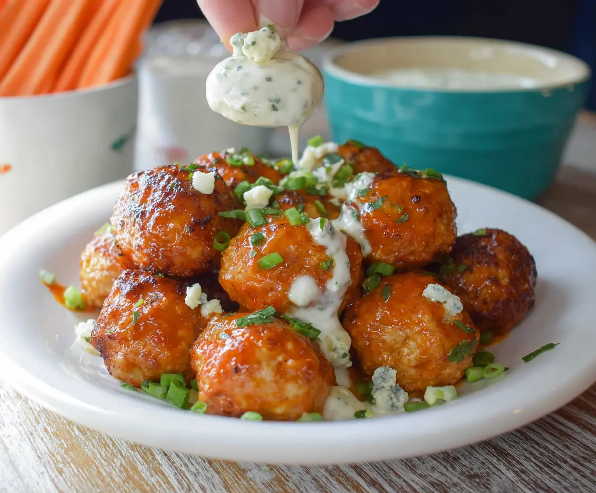 Delicious buffalo chicken meatballs served with a creamy bleu cheese dip, perfect for appetizers or parties