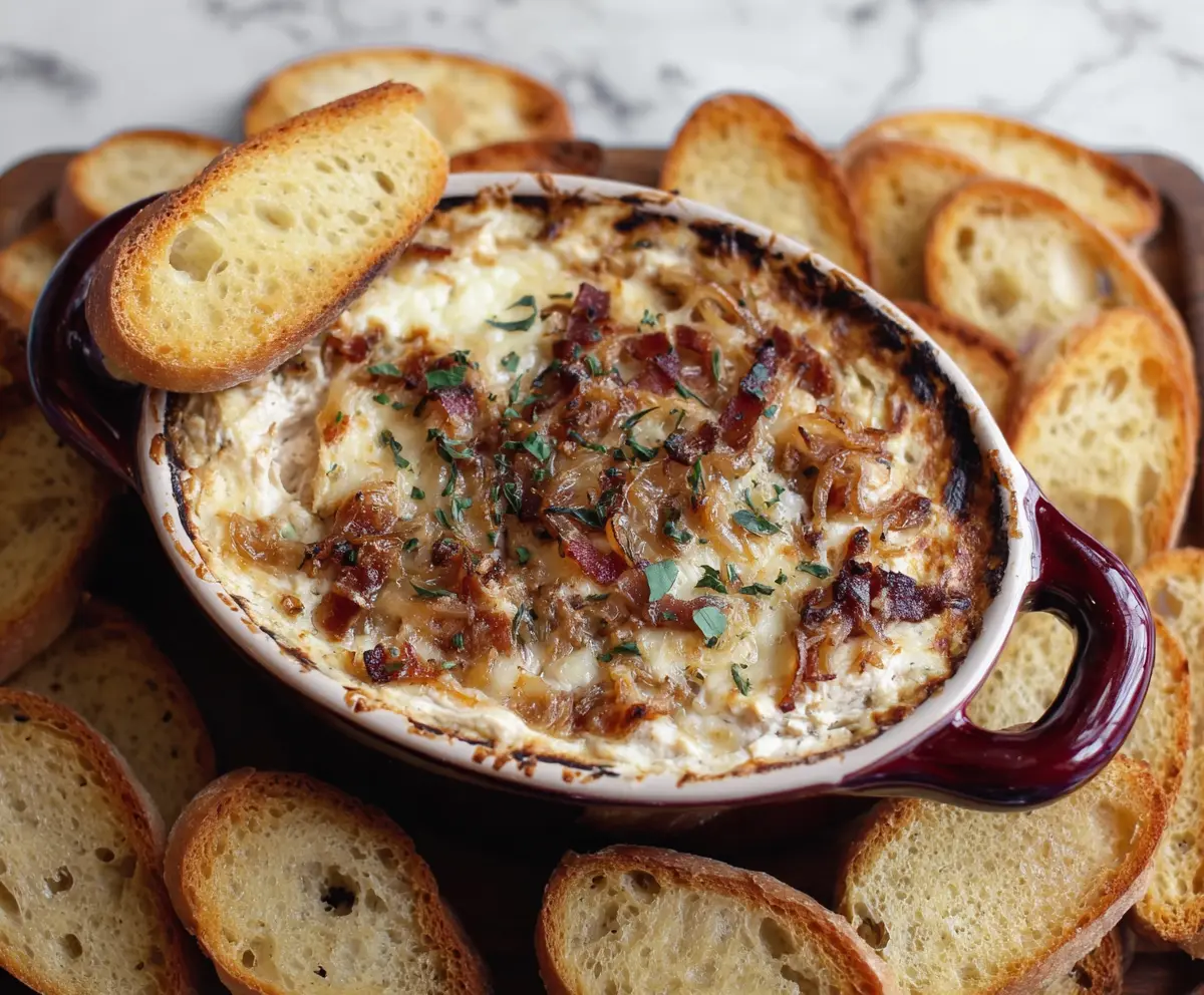 Creamy caramelized onion and crispy bacon dip served with fresh vegetables.