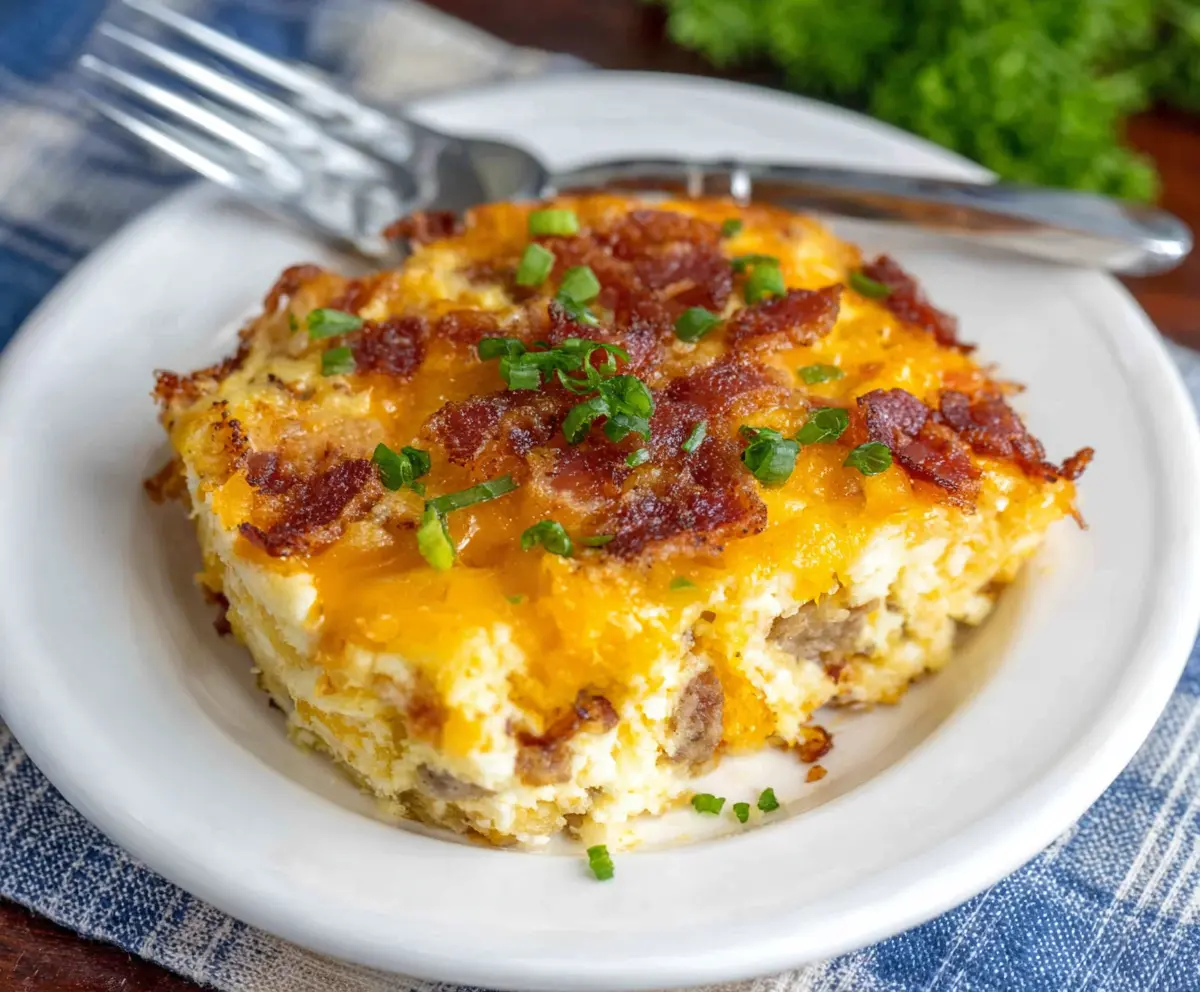 Delicious Cheesy Amish Breakfast Casserole with eggs, cheese, and breakfast meats in a baking dish.
