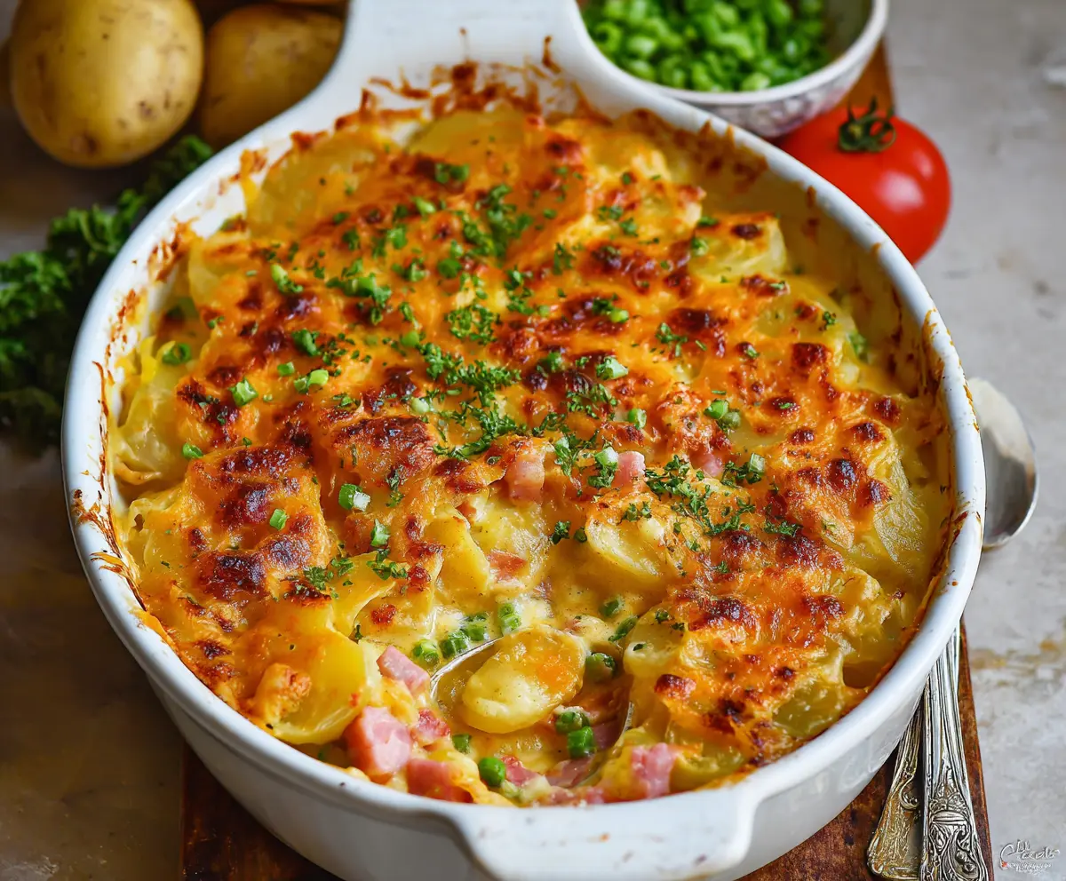 Delicious cheesy ham and potato casserole topped with golden melted cheese