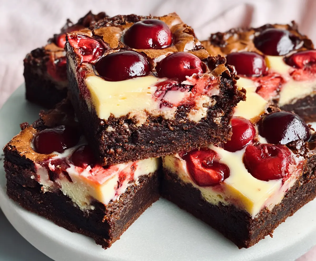 Delicious Cherry Cheesecake Brownies with a rich chocolate base and sweet cherry topping