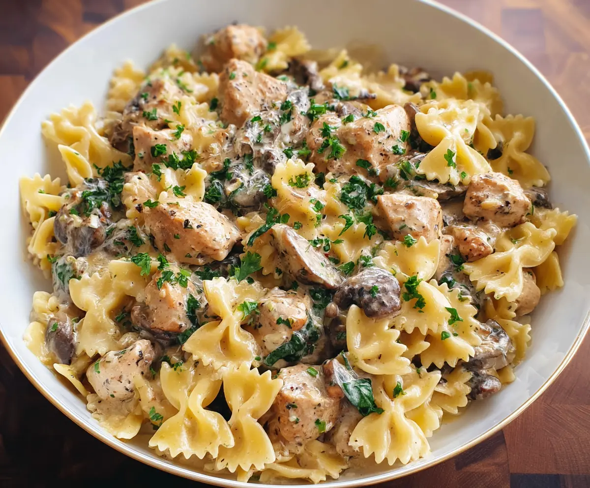 Delicious chicken mushroom pasta served on a plate, garnished with fresh herbs.