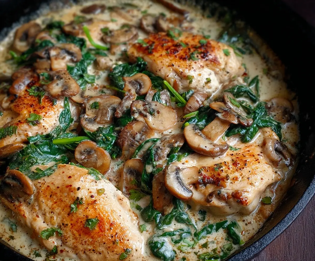 Delicious Chicken Mushroom Spinach Skillet served hot on a white plate, highlighting healthy dinner options.