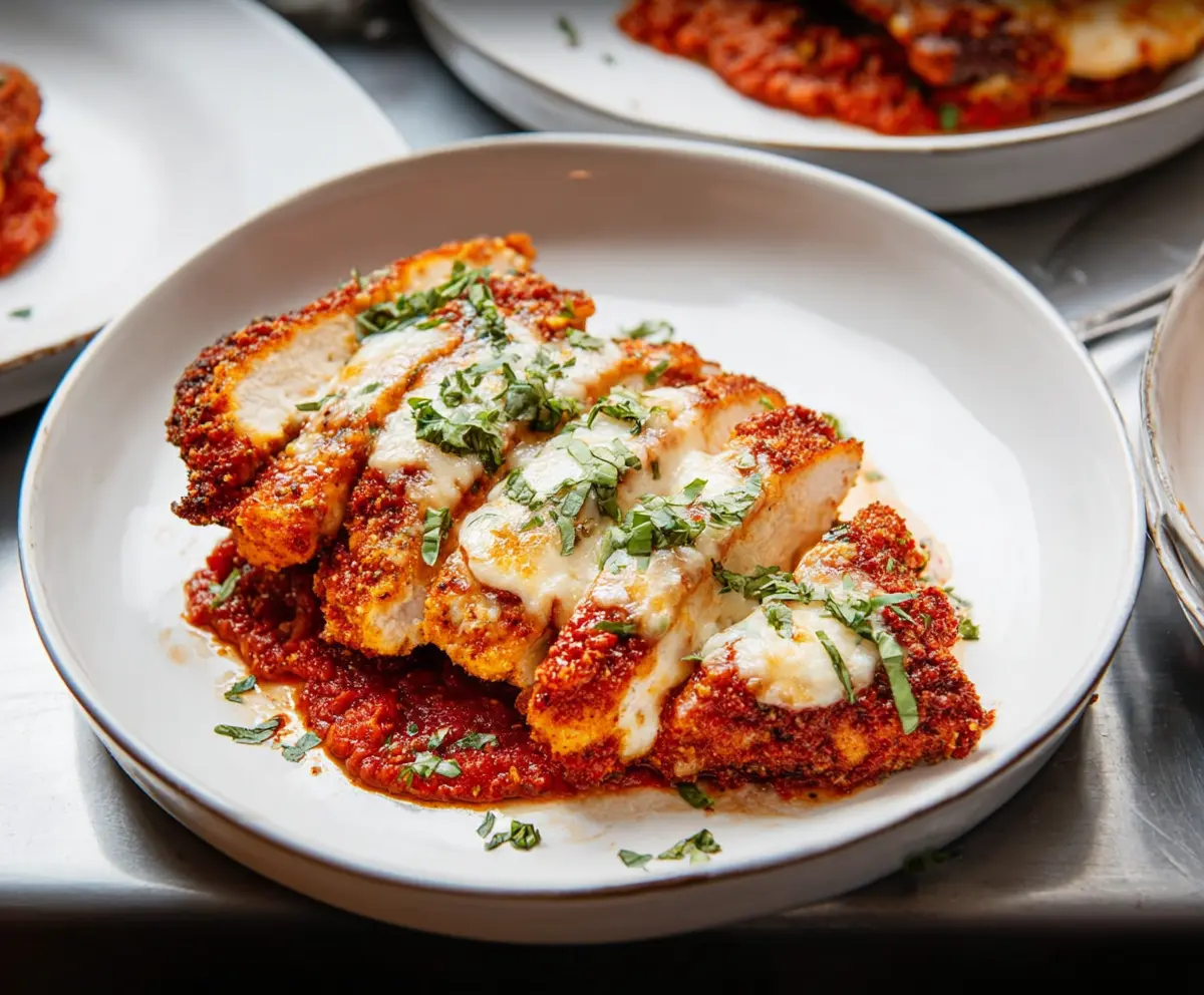 Delicious Chicken Parmesan with crispy breaded coating and melted cheese on top.