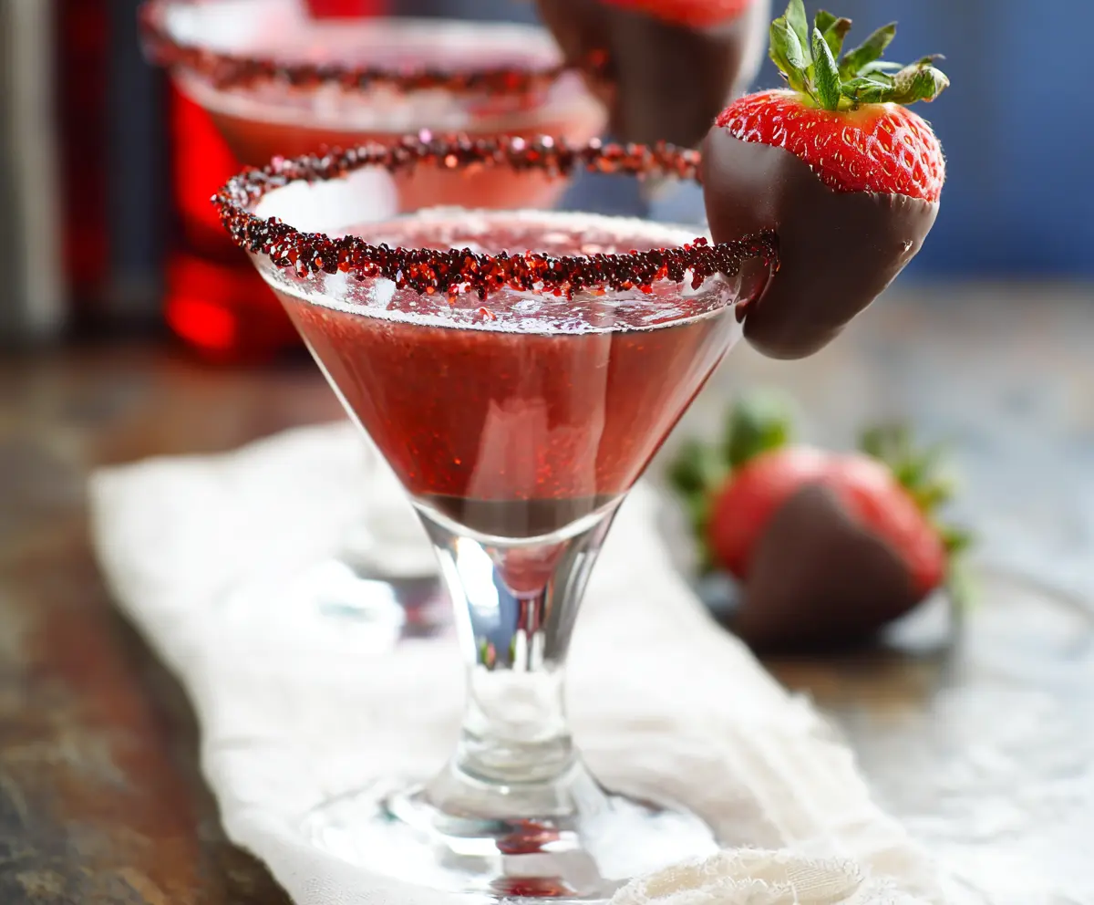 Delicious Chocolate Covered Strawberry Martini with fresh strawberries and rich chocolate coating.