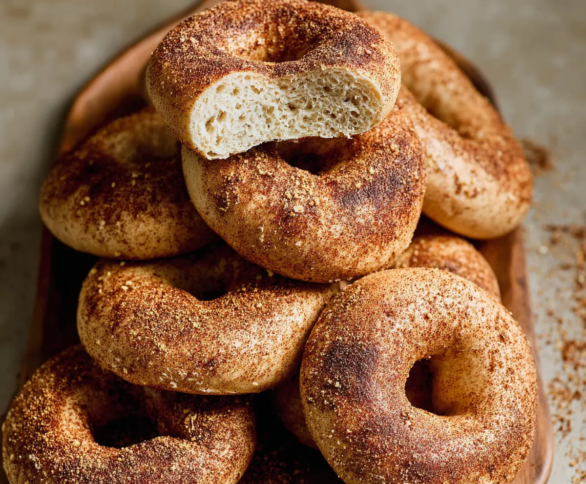 Freshly baked cinnamon bagels with a golden crust, sliced open to reveal a soft, flavorful interior.