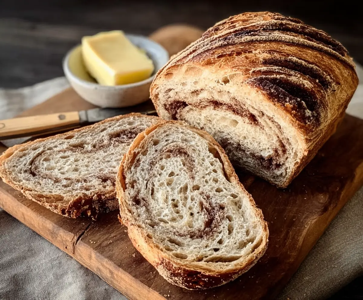 Homemade cinnamon sugar swirl sourdough bread with a golden crust on a rustic wooden table.