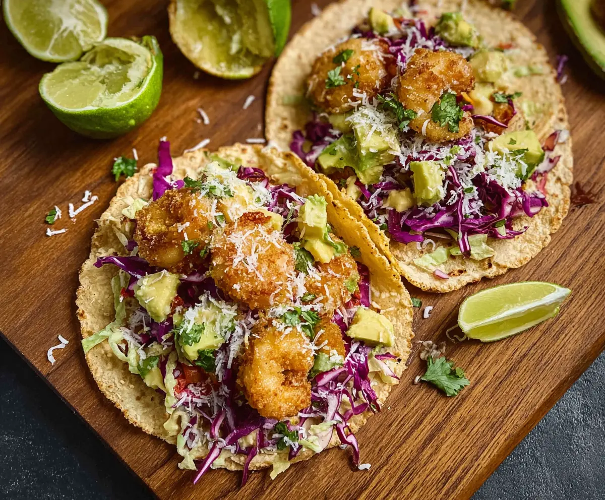 Delicious coconut shrimp tacos garnished with fresh herbs on a vibrant plate.
