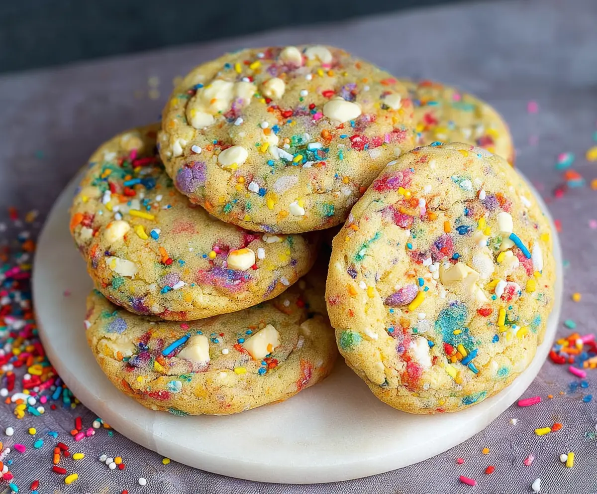 Colorful confetti cookies decorated with rainbow sprinkles for a festive treat.