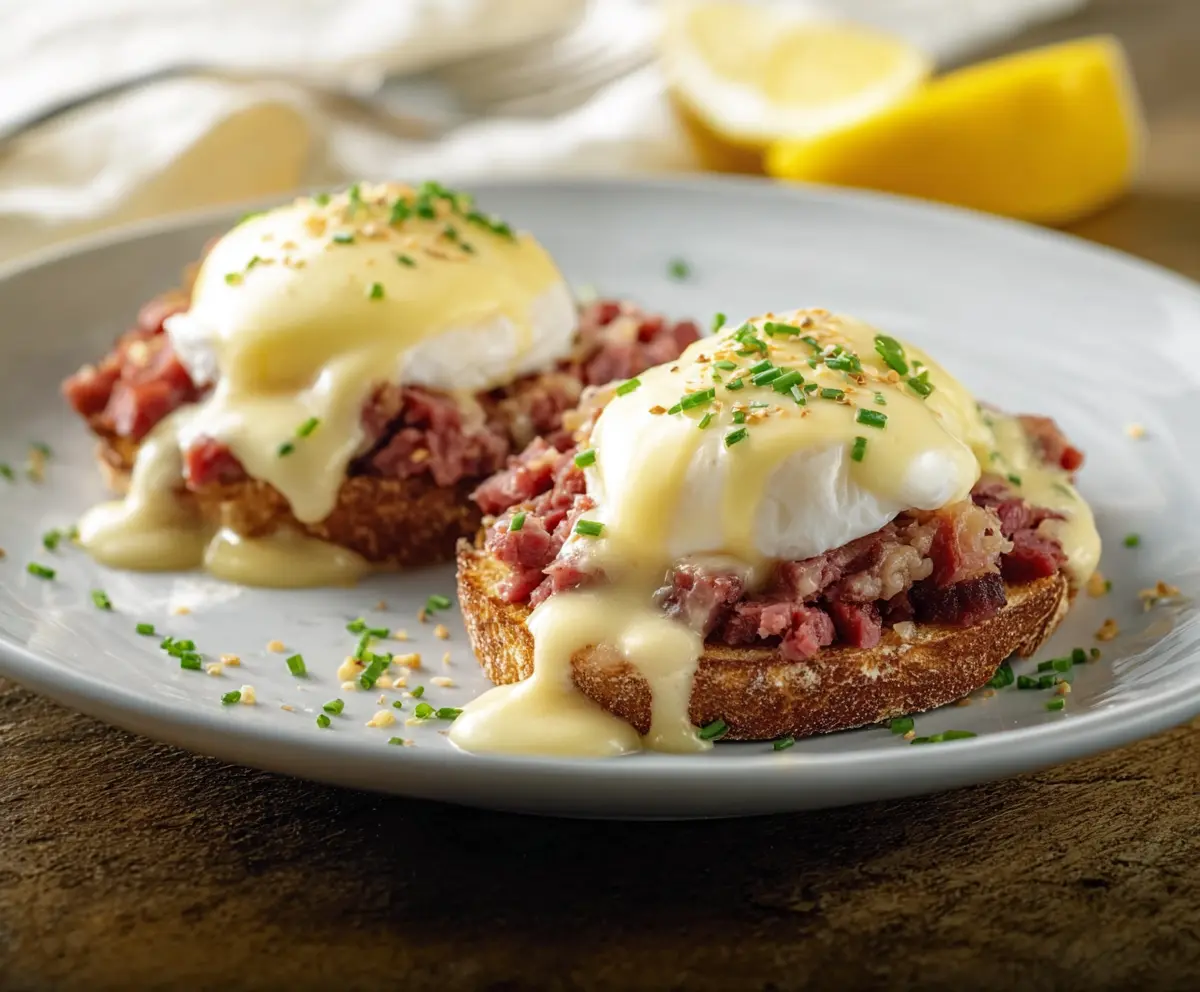 Delicious Corned Beef Hash Eggs Benedict served on a white plate with hollandaise sauce