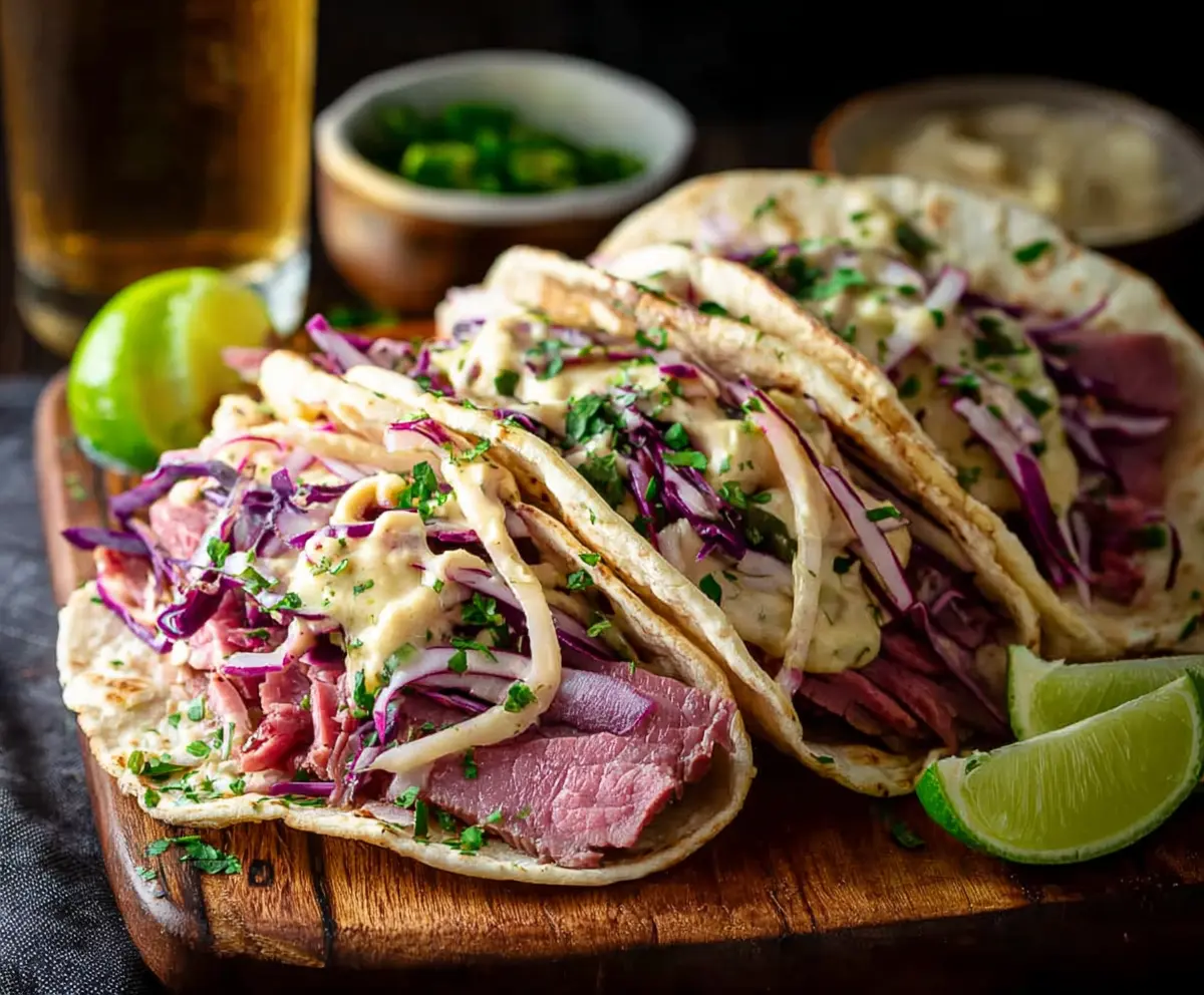 Delicious corned beef tacos with fresh toppings on a rustic plate.