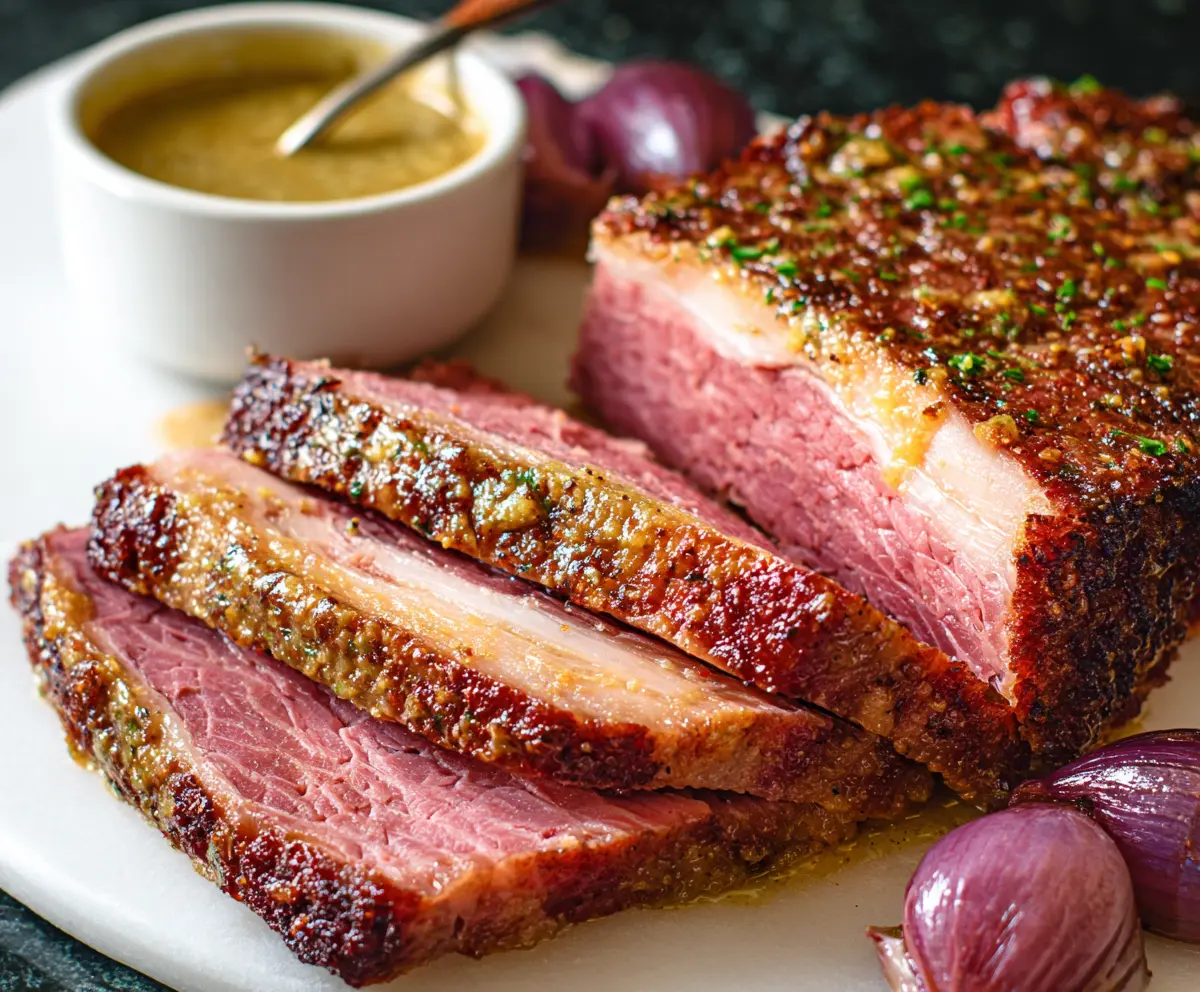 Savory corned beef glazed with mustard offering a delicious and juicy meal presentation.