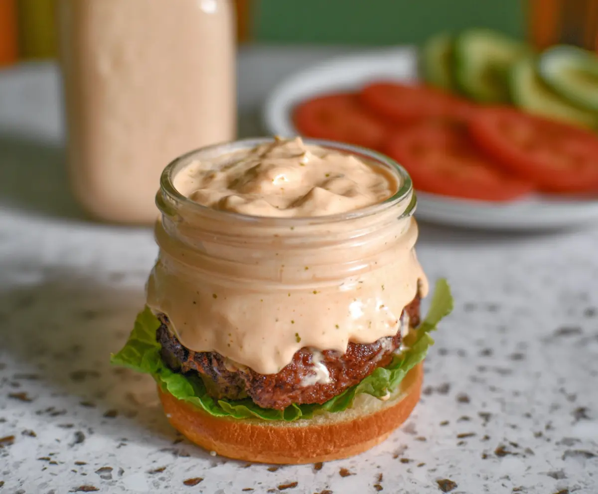 Creamy cottage cheese burger sauce served with fresh ingredients for a flavorful meal.