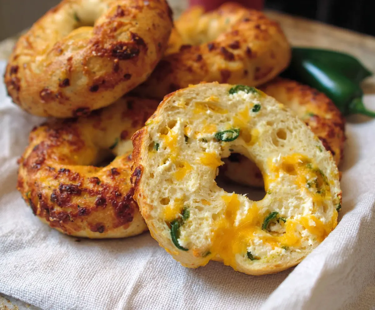 Delicious Cottage Cheese Jalapeño Cheddar Bagels fresh from the oven, showcasing their cheesy, spicy topping and golden crust.