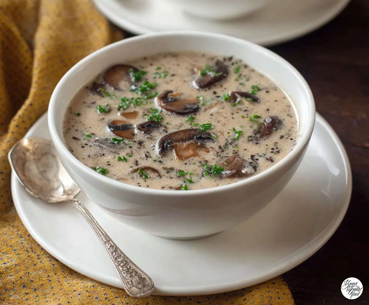 Creamy cottage cheese mushroom soup served in a bowl with fresh herbs.
