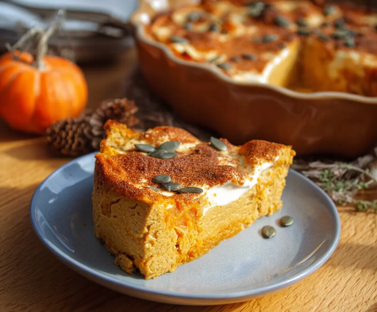 Delicious cottage cheese pumpkin bake served in a rustic dish, perfect for a healthy dessert or snack.