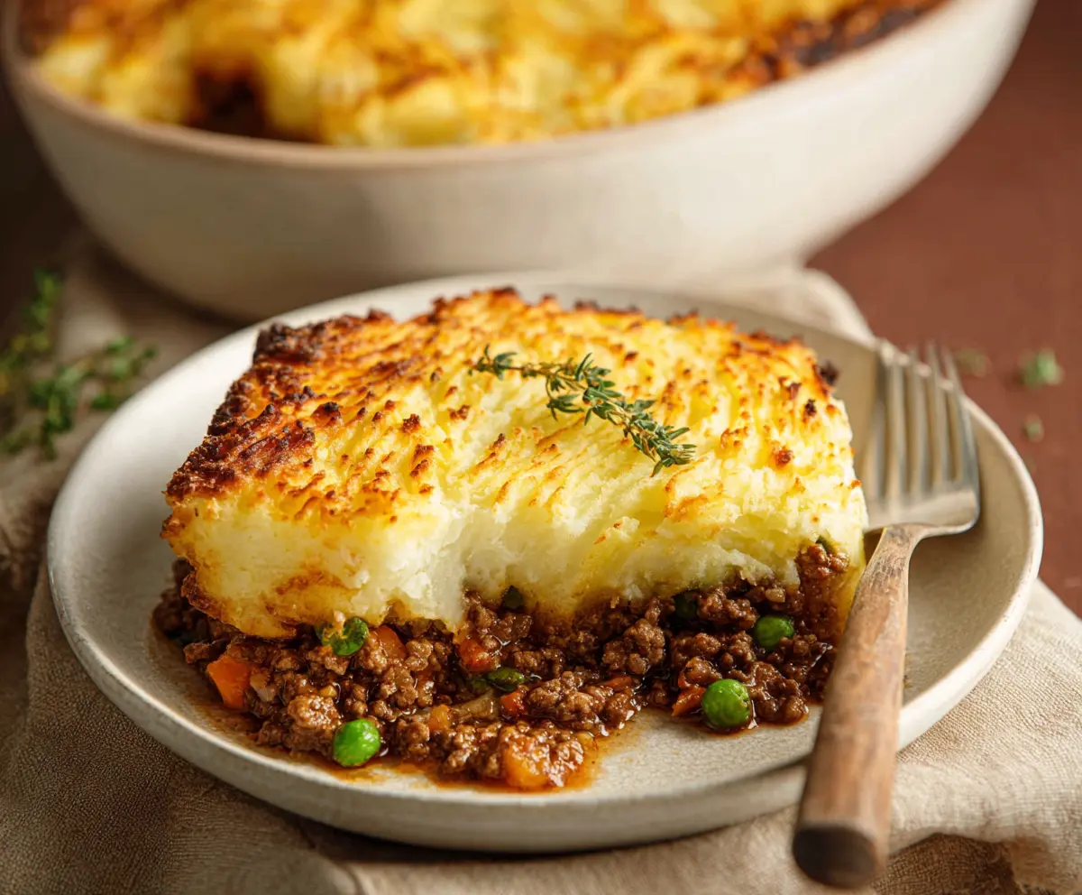 Delicious homemade Cottage Pie topped with golden mashed potatoes and savory beef filling.