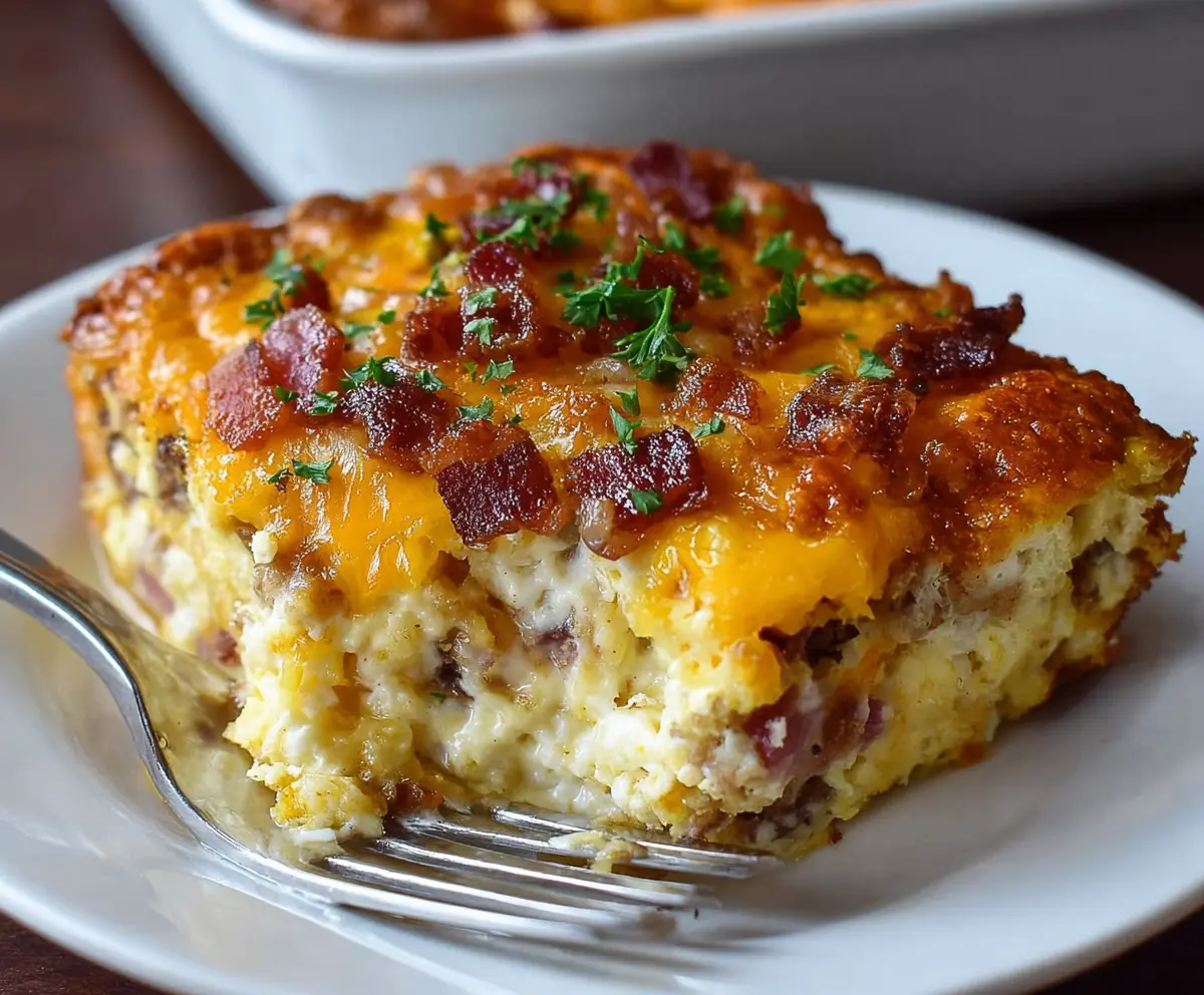 Delicious Crack Breakfast Casserole with eggs, cheese, and breakfast sausage in a baking dish.