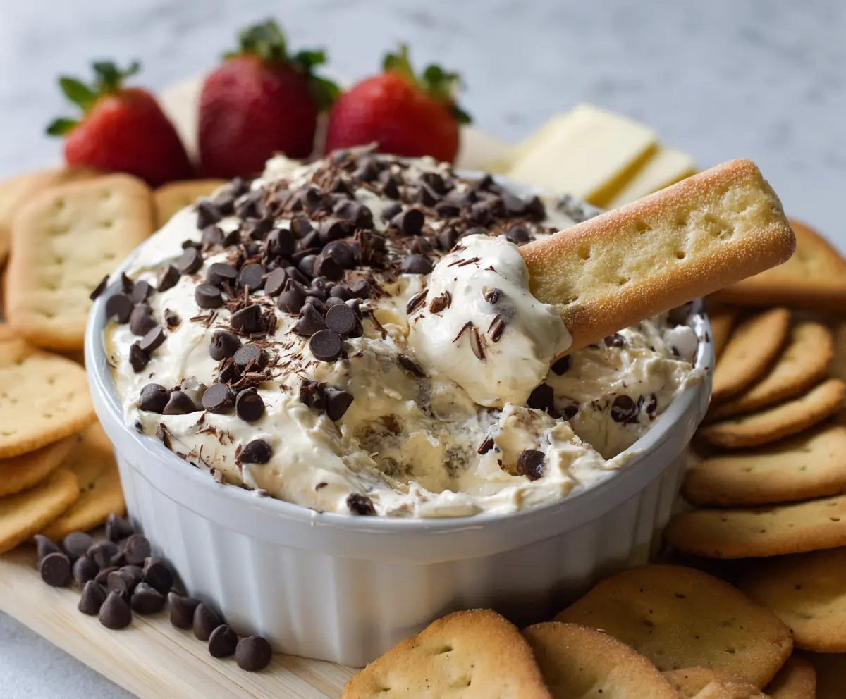 Delicious creamy cream cheese chocolate chip dip with chocolates displayed on a platter.