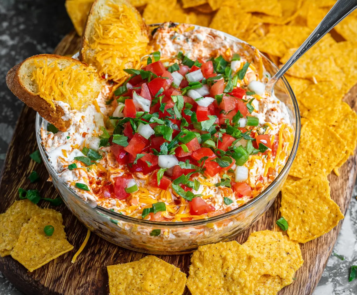 Cream Cheese Salsa Dip served with fresh vegetables and tortilla chips.