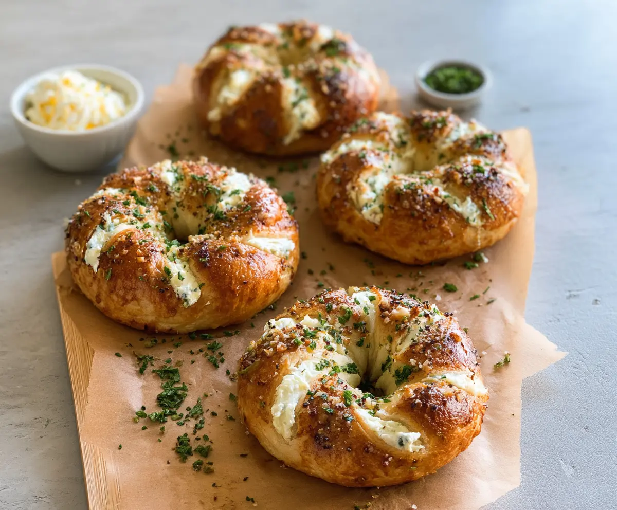 Delicious homemade garlic bagels filled with creamy cream cheese, perfect for breakfast or snacks.