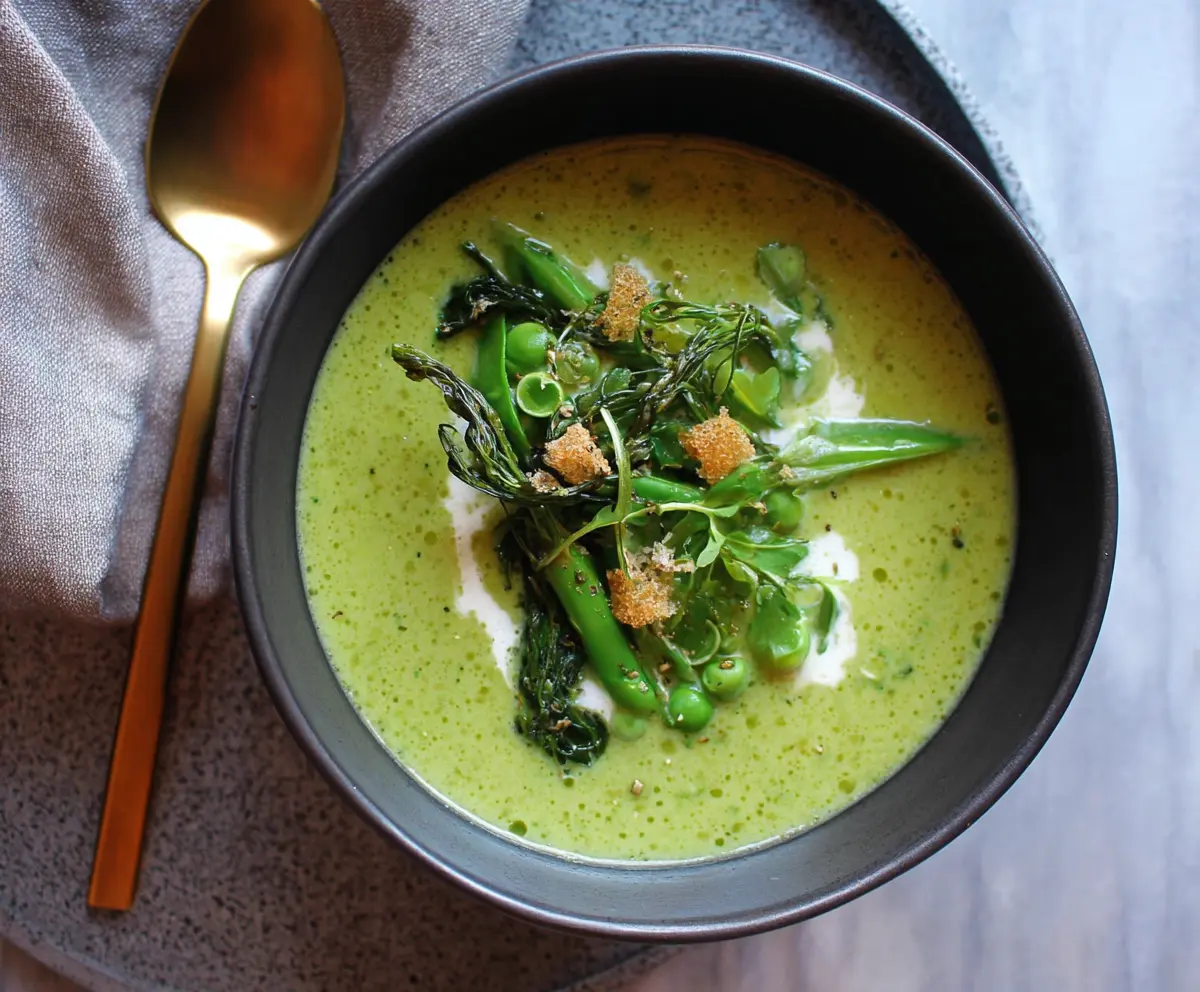 Creamy Spring Greens Soup served in a bowl, garnished with fresh herbs and vegetables.