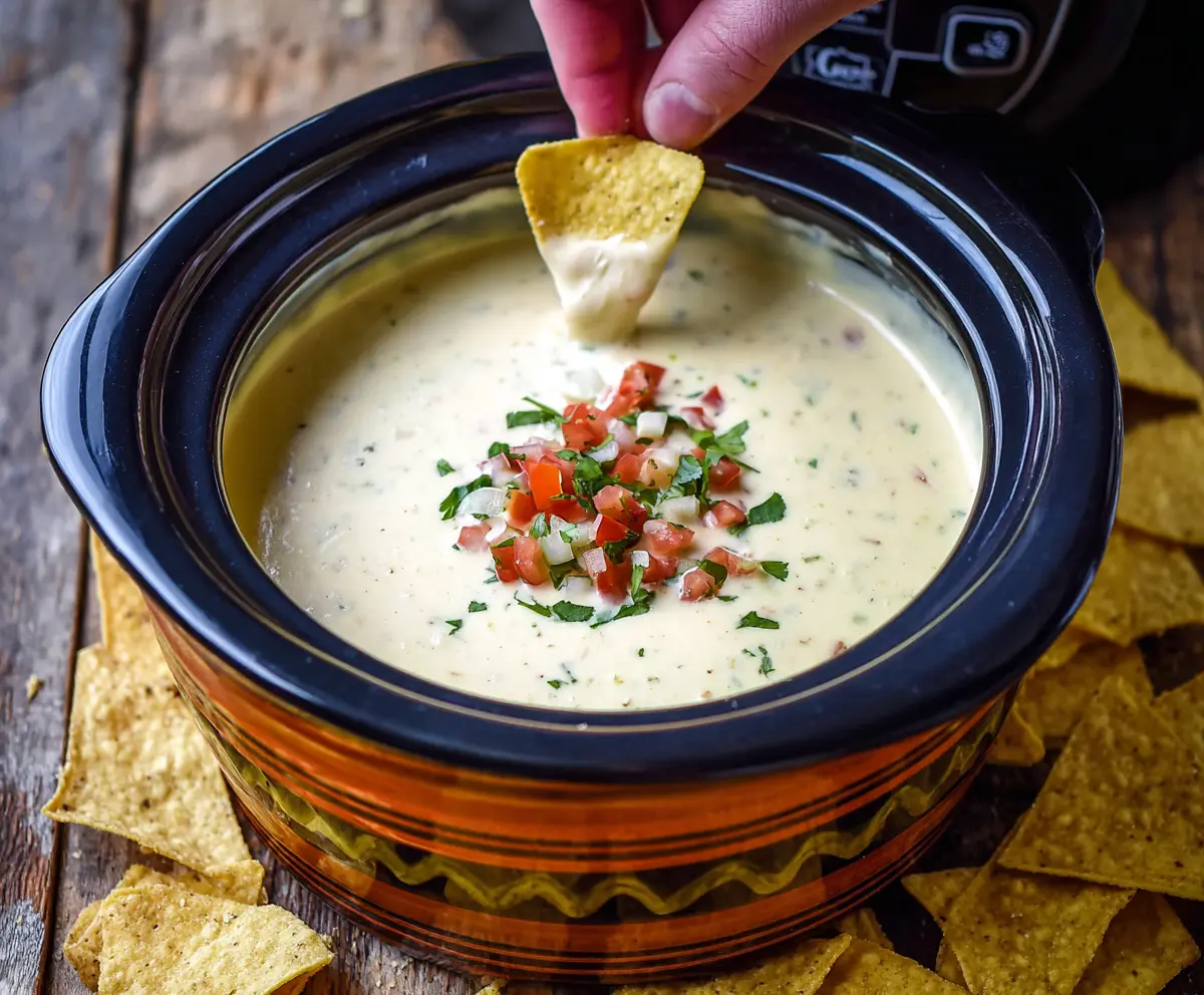 Creamy Crock Pot Queso Blanco Dip served in a bowl with tortilla chips on a wooden table.