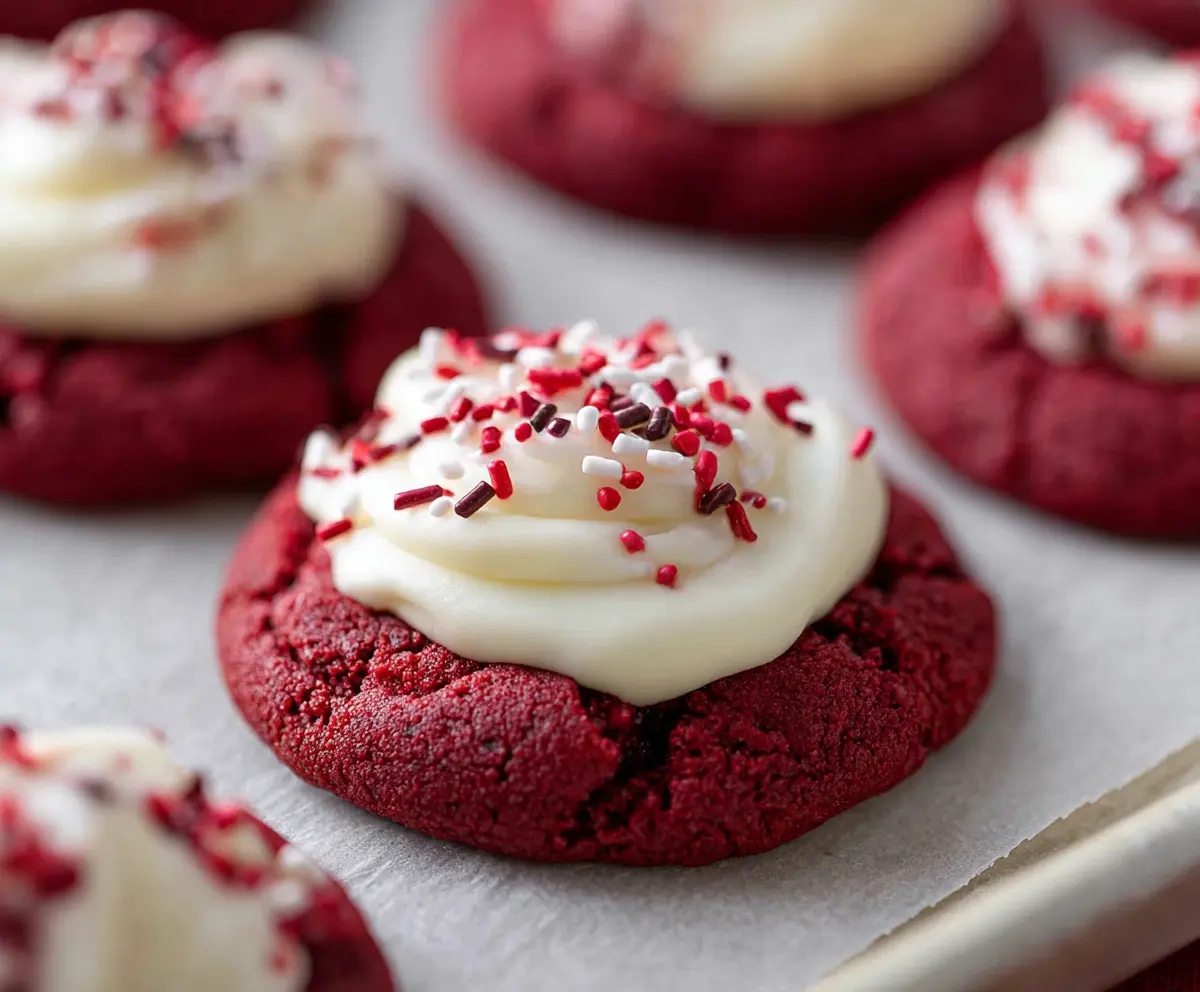Delicious Crumbl Red Velvet Cupcake Cookies with rich red color and creamy frosting perfect for dessert lovers.