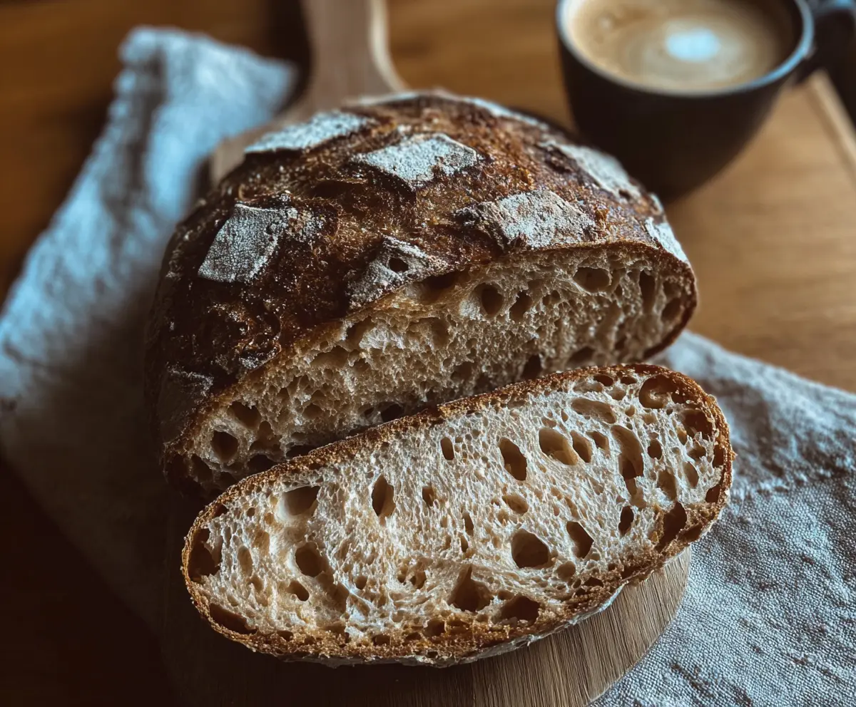 Crusty sourdough bread served with a steaming cup of coffee on a rustic wooden table.