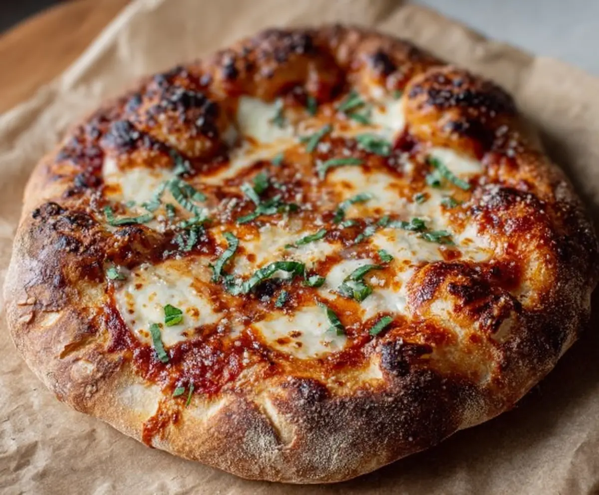 Delicious crusty sourdough pizza fresh out of the oven with melted cheese and toppings.