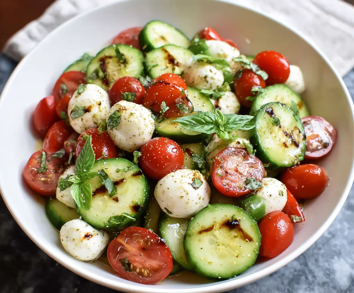 Fresh cucumber and mozzarella salad with basil and balsamic glaze, perfect for a light meal.