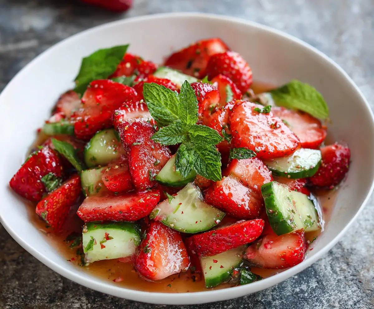 Fresh cucumber and strawberry salad in a clear bowl, highlighting vibrant green and red colors for a healthy summer dish.