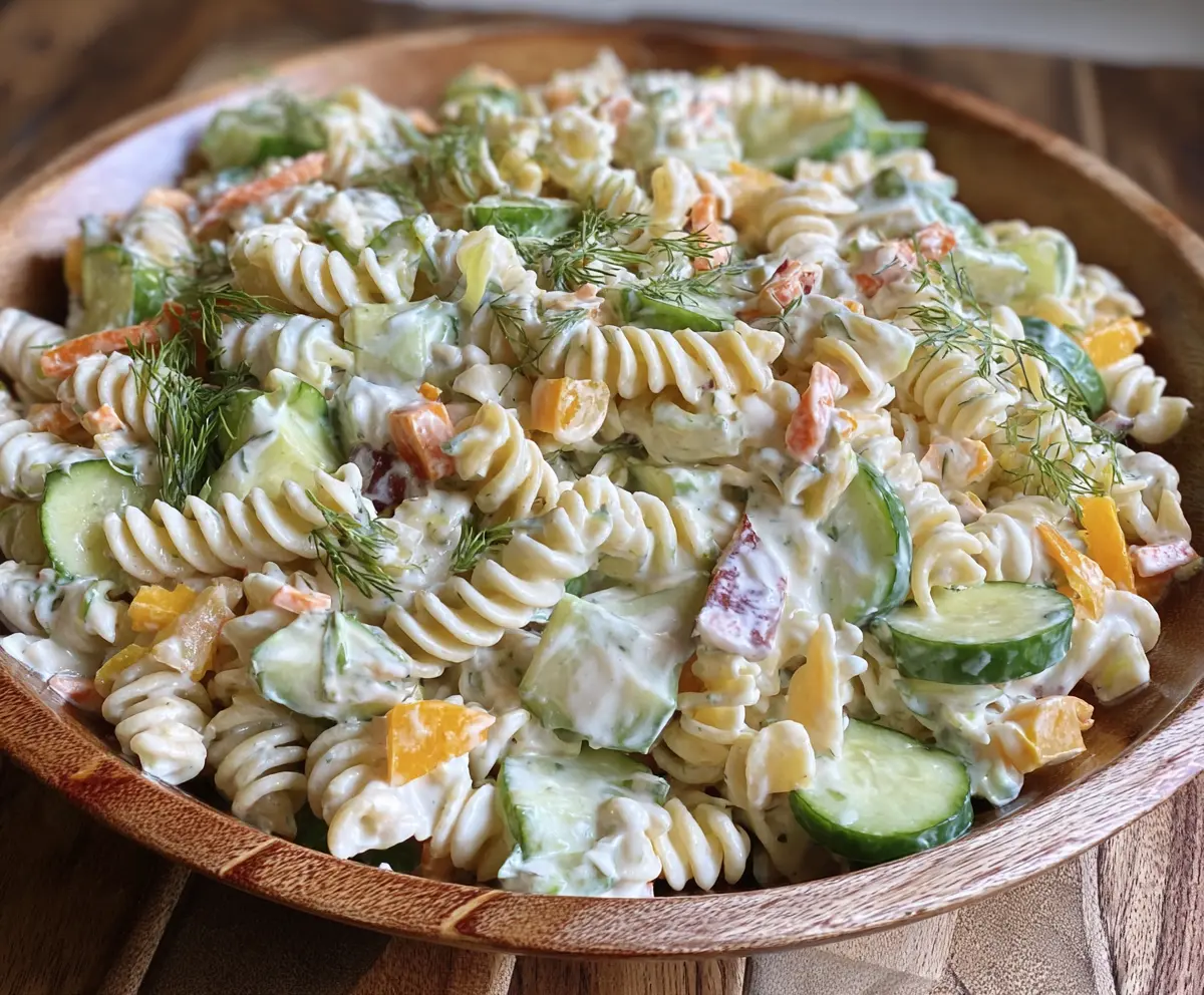 Delicious Dill Pickle Ranch Pasta Salad with fresh herbs and crunchy vegetables