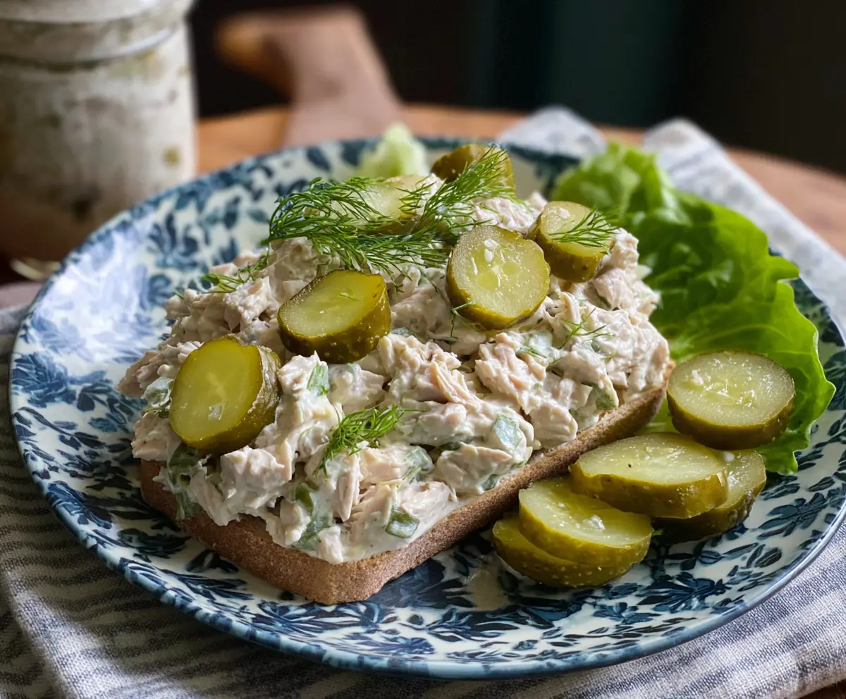 Dill Pickle Tuna Salad in a bowl, garnished with fresh dill, ready to serve as a flavorful seafood appetizer.