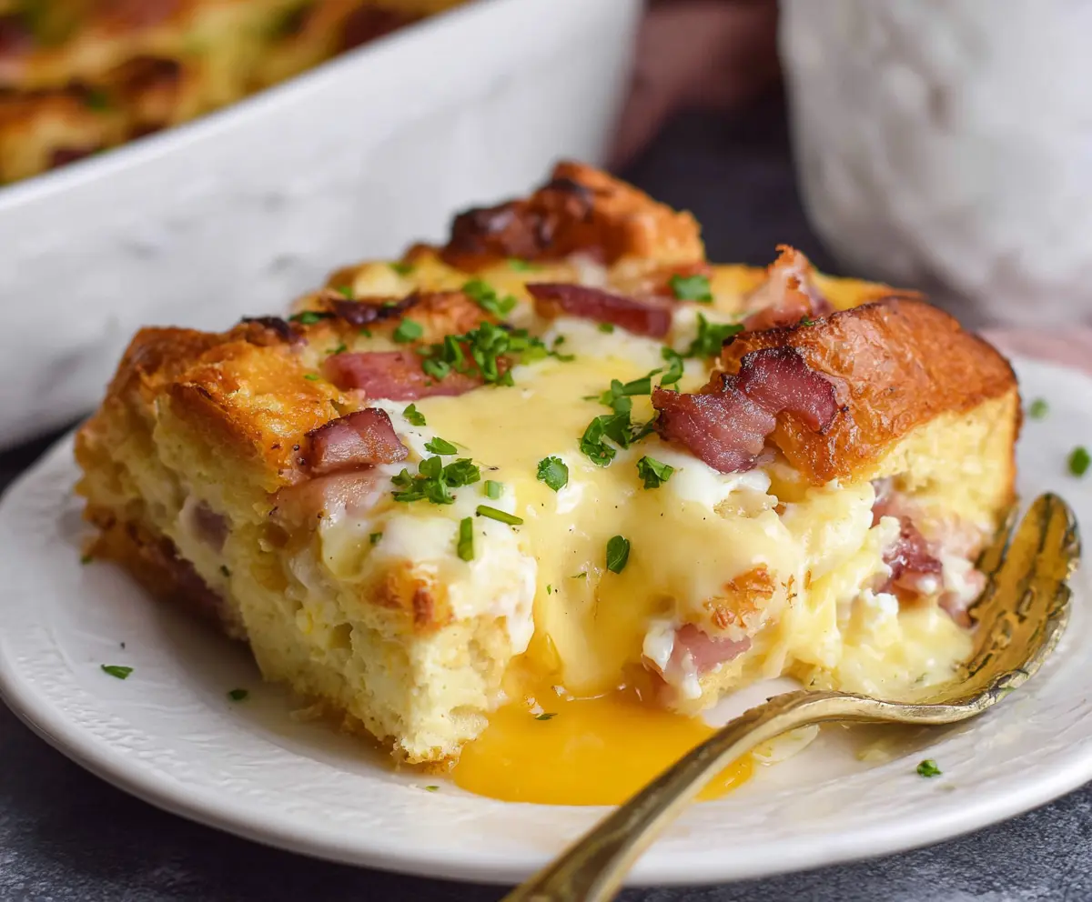 Delicious Eggs Benedict Casserole with poached eggs, hollandaise sauce, and toasted bread slices ready to serve.