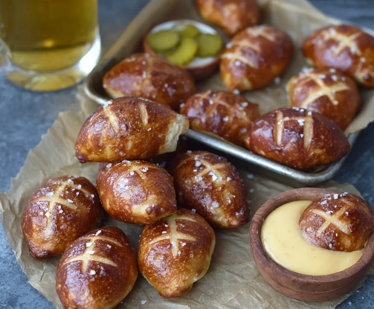 Football-shaped soft pretzel bites on a plate, perfect for game day snacking.
