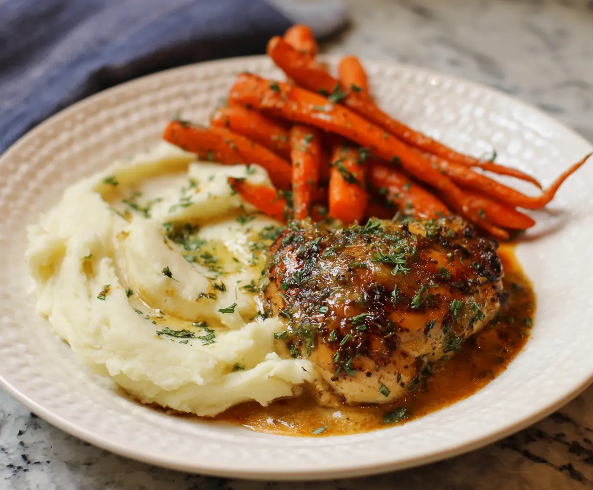 Delicious garlic herb chicken served with creamy mashed potatoes and glazed carrots on a plate.