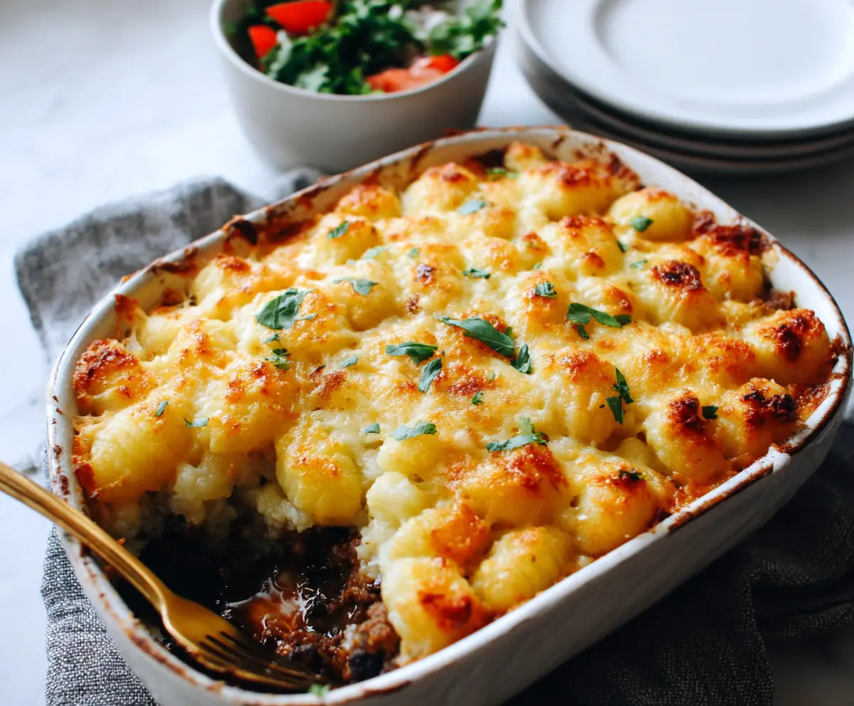 Delicious Gnocchi Shepherd's Pie featuring crispy top and hearty meat filling